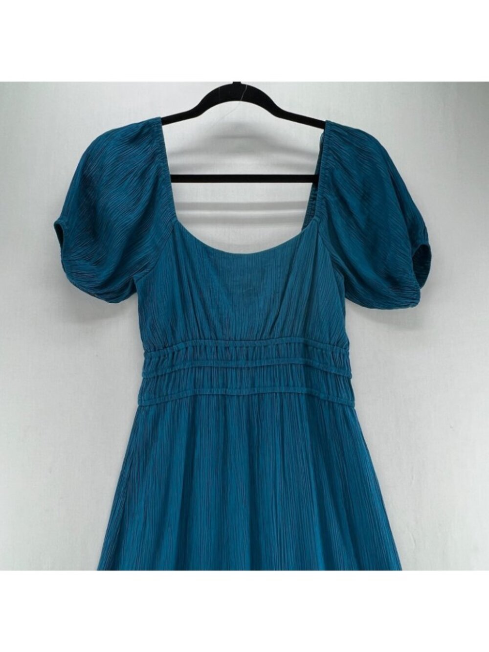 Max + Ash Crinkle Gauze Tiered Maxi Dress Womens S Smocked Puff Sleeve Teal Blue - Picture 3 of 14